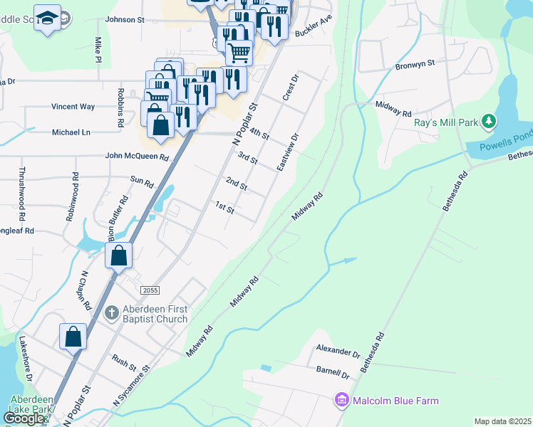 map of restaurants, bars, coffee shops, grocery stores, and more near 1302 Eastview Drive in Aberdeen