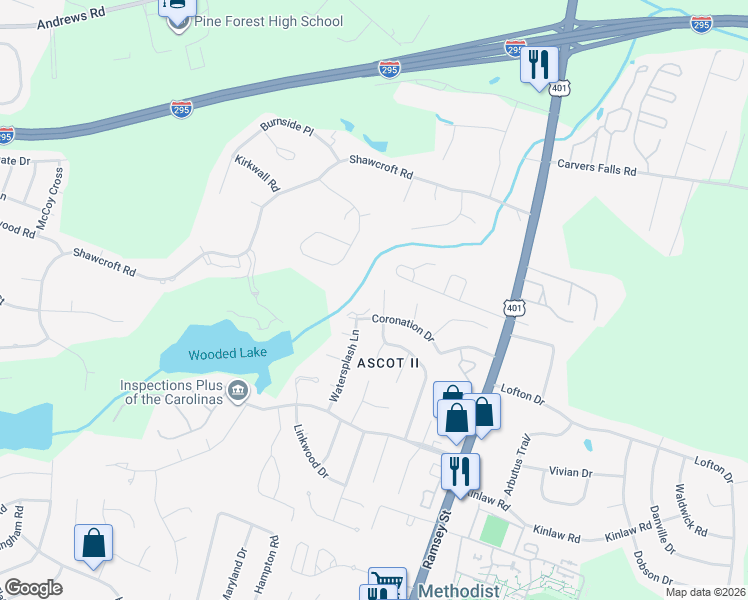 map of restaurants, bars, coffee shops, grocery stores, and more near 501 Coronation Drive in Fayetteville