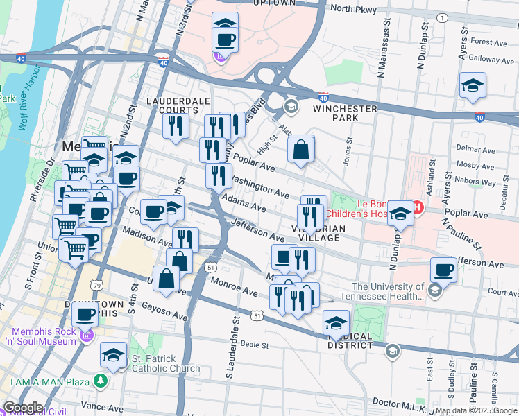 map of restaurants, bars, coffee shops, grocery stores, and more near Adams Avenue in Memphis
