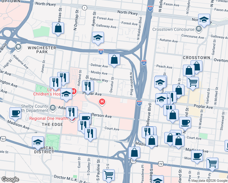 map of restaurants, bars, coffee shops, grocery stores, and more near in Memphis
