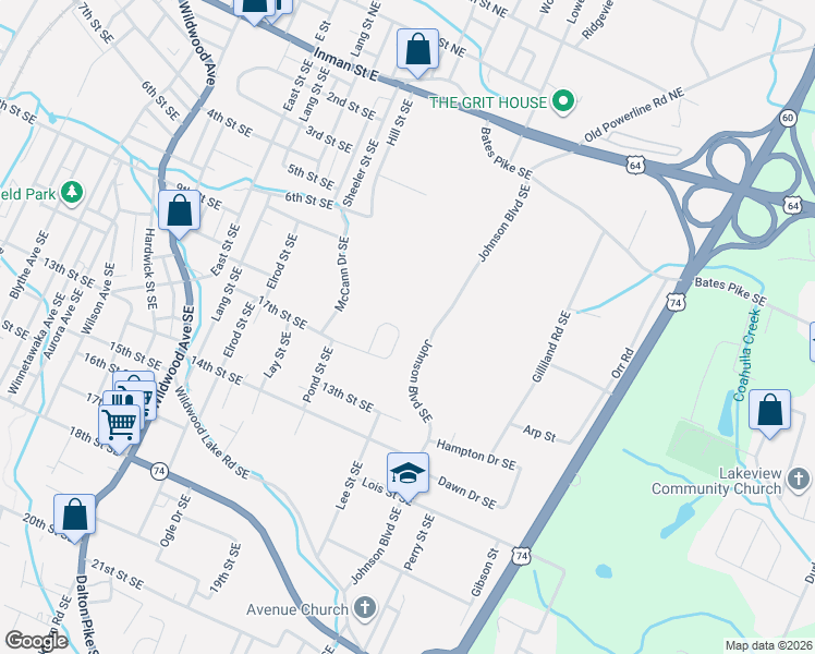 map of restaurants, bars, coffee shops, grocery stores, and more near 1668 Southern Heights Circle Southeast in Cleveland