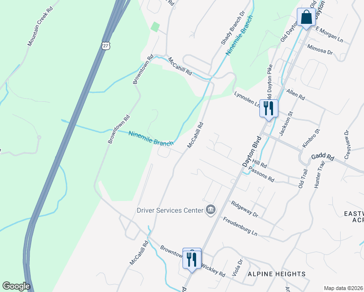 map of restaurants, bars, coffee shops, grocery stores, and more near 5101 McCahill Road in Chattanooga