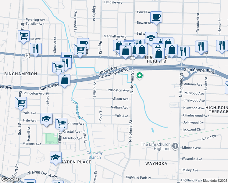 map of restaurants, bars, coffee shops, grocery stores, and more near 3232 Allison Avenue in Memphis