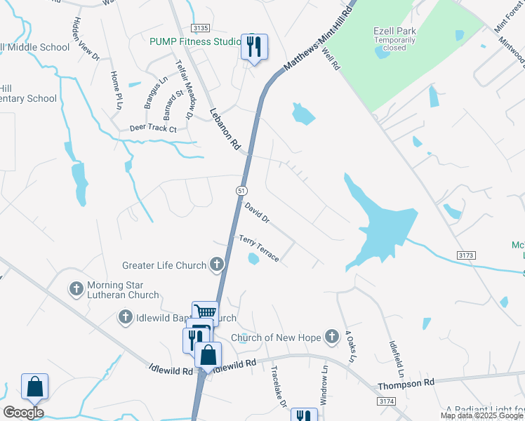 map of restaurants, bars, coffee shops, grocery stores, and more near 4216 David Drive in Matthews