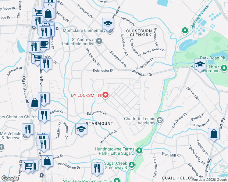 map of restaurants, bars, coffee shops, grocery stores, and more near 6252 Rockefeller Lane in Charlotte