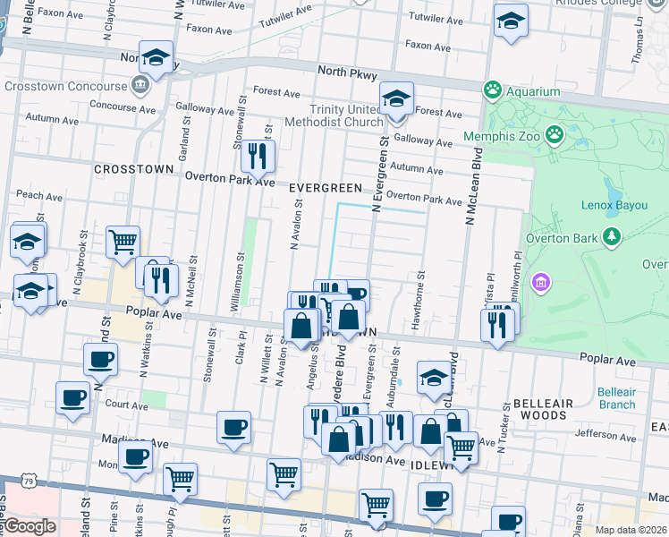 map of restaurants, bars, coffee shops, grocery stores, and more near 1662 Lawrence Avenue in Memphis