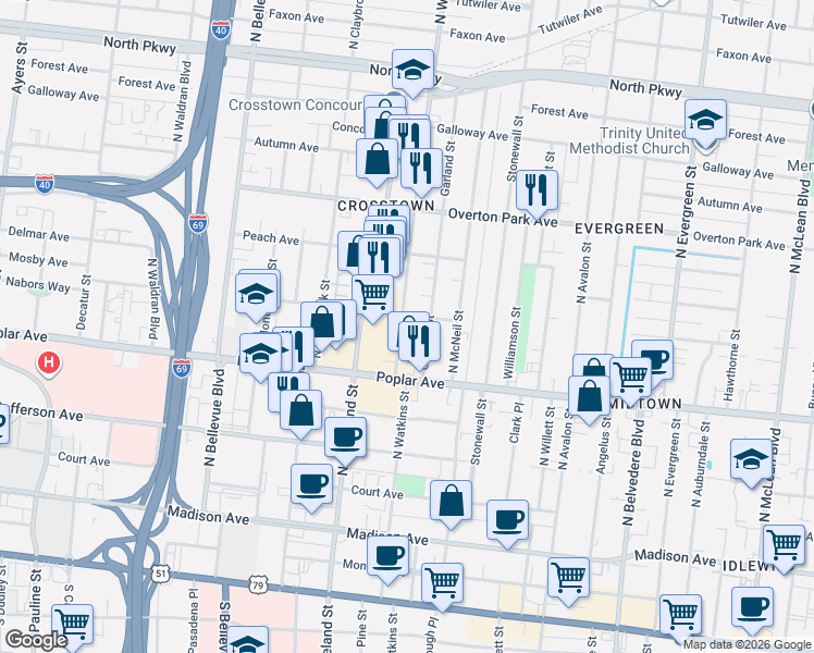 map of restaurants, bars, coffee shops, grocery stores, and more near 230 North Watkins Street in Memphis