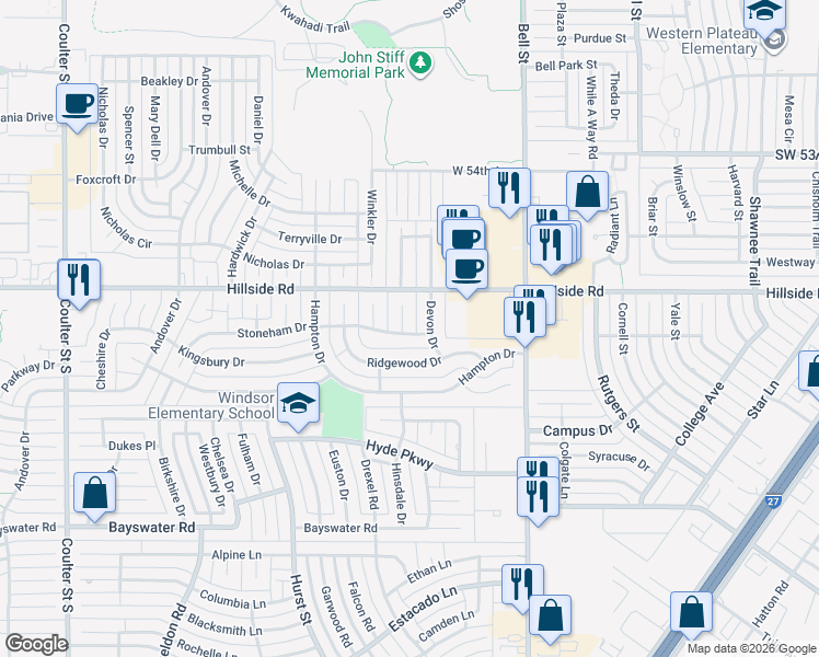 map of restaurants, bars, coffee shops, grocery stores, and more near 6009 Milford Drive in Amarillo