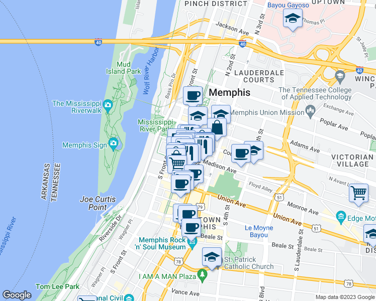 map of restaurants, bars, coffee shops, grocery stores, and more near 83 Madison Avenue in Memphis