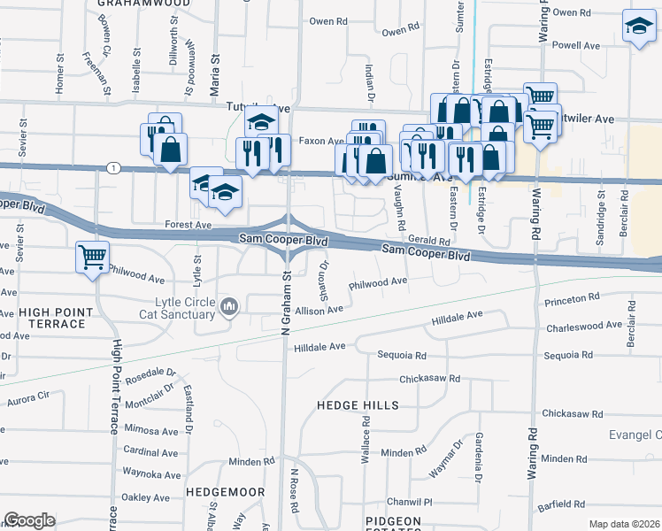 map of restaurants, bars, coffee shops, grocery stores, and more near 490 Sharon Drive in Memphis