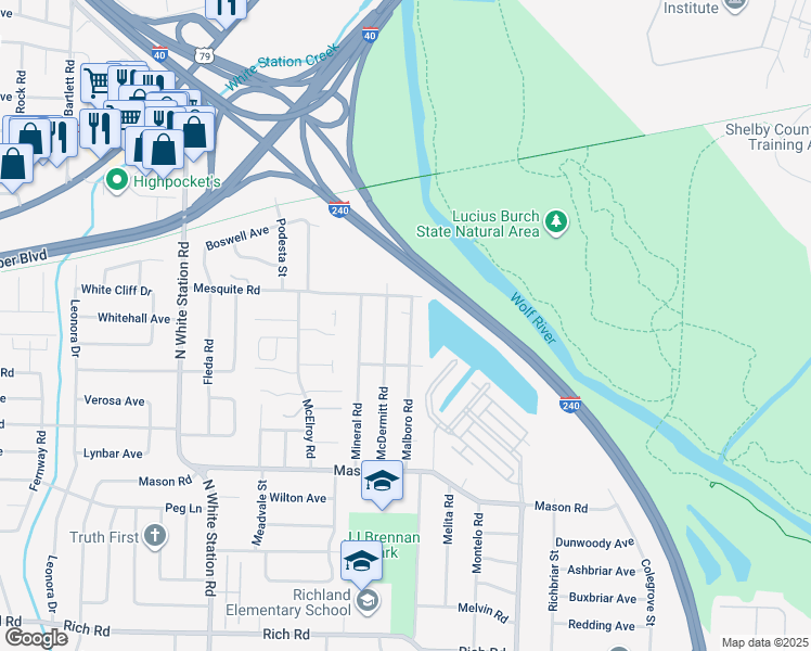 map of restaurants, bars, coffee shops, grocery stores, and more near 512 McDermitt Road in Memphis