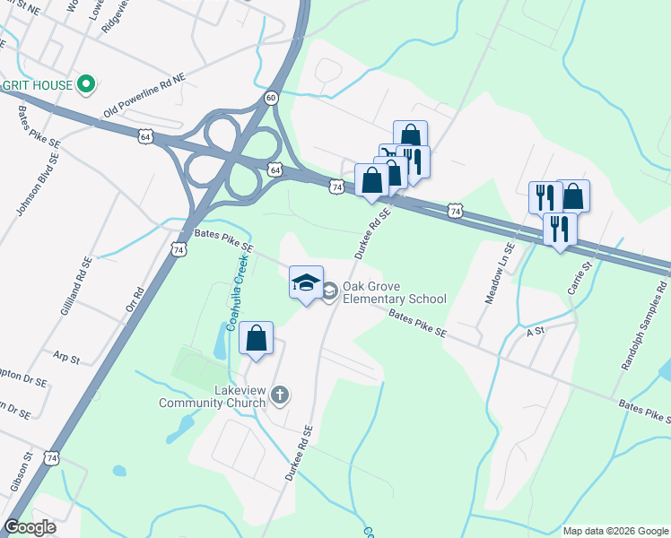map of restaurants, bars, coffee shops, grocery stores, and more near 2885 Bates Pike Southeast in Cleveland