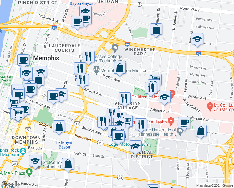 map of restaurants, bars, coffee shops, grocery stores, and more near 616 Adams Avenue in Memphis