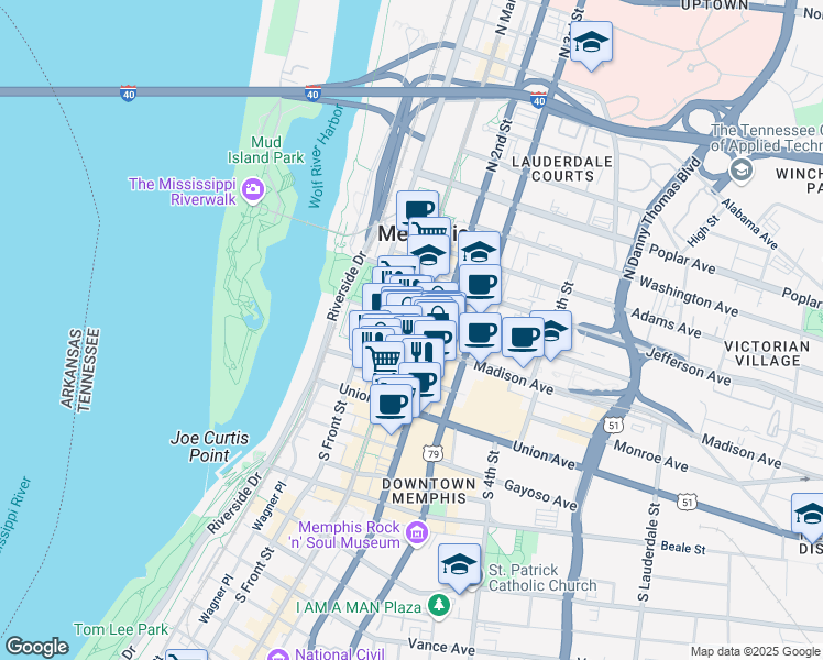 map of restaurants, bars, coffee shops, grocery stores, and more near 83 Madison Avenue in Memphis