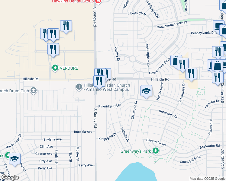 map of restaurants, bars, coffee shops, grocery stores, and more near 6104 Landon Drive in Amarillo