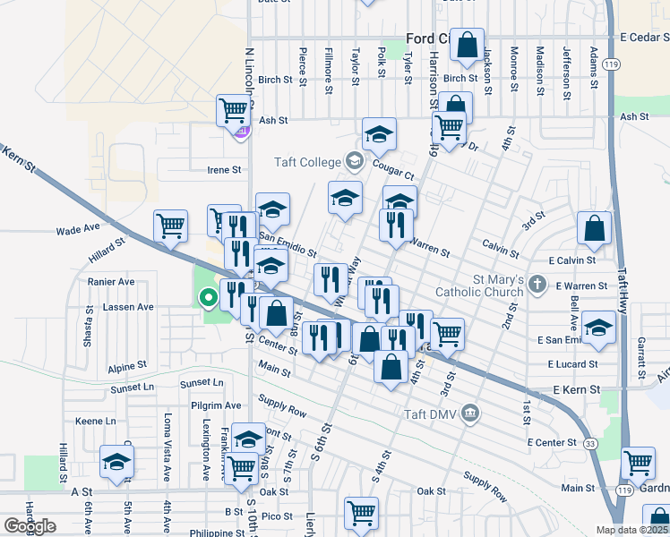 map of restaurants, bars, coffee shops, grocery stores, and more near 722 Lucard Street in Taft