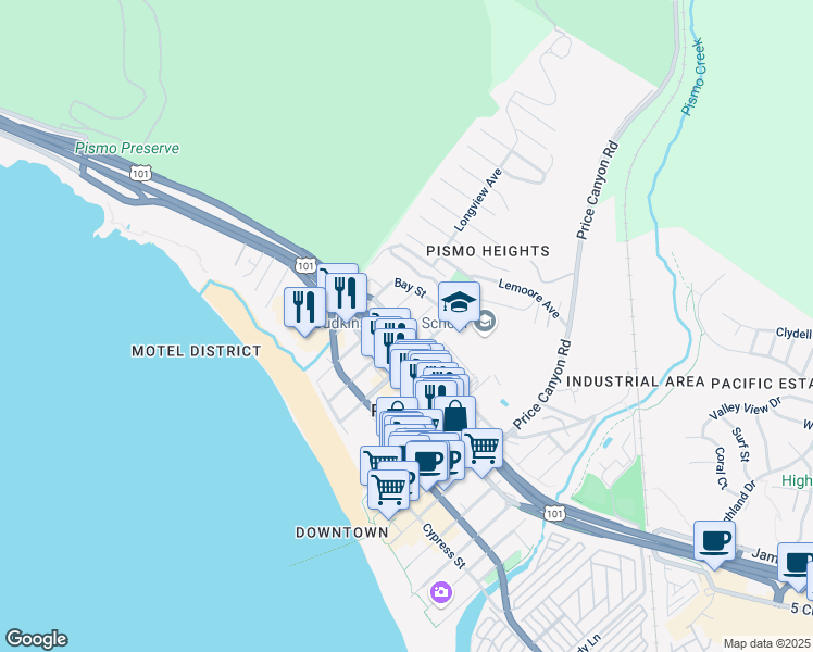 map of restaurants, bars, coffee shops, grocery stores, and more near 1161 Bello Street in Pismo Beach