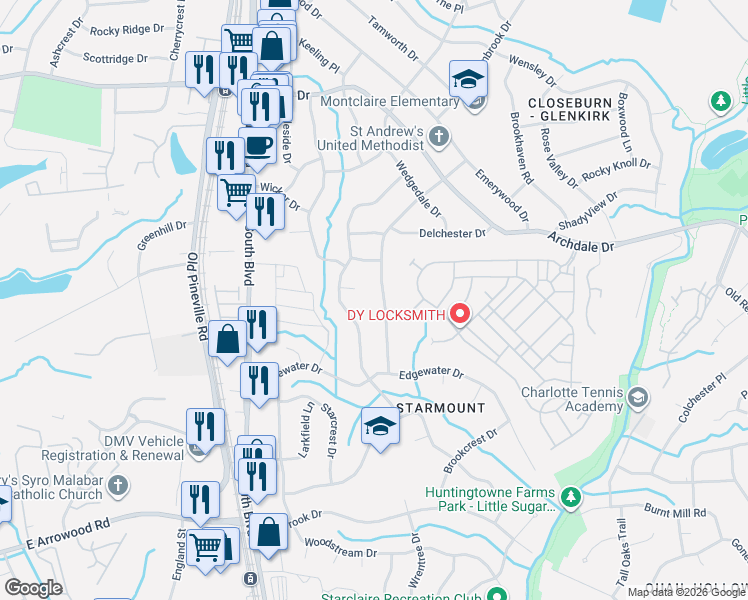 map of restaurants, bars, coffee shops, grocery stores, and more near 6400 Montpelier Road in Charlotte