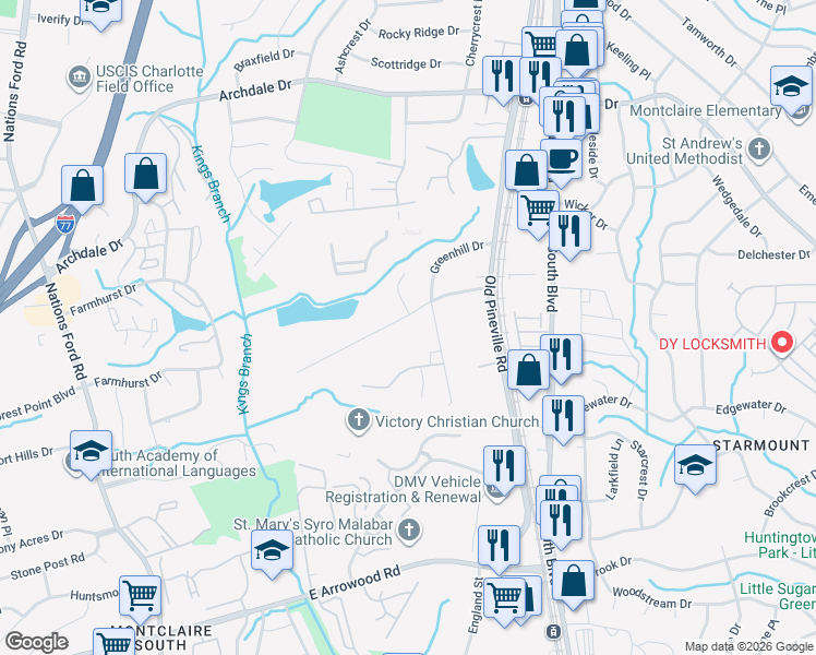 map of restaurants, bars, coffee shops, grocery stores, and more near 735 Greenhill Drive in Charlotte