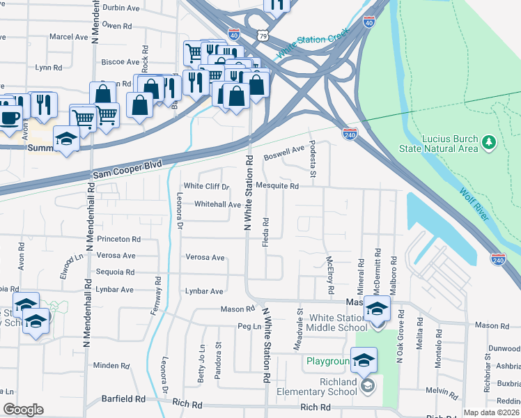 map of restaurants, bars, coffee shops, grocery stores, and more near 505 Fleda Road in Memphis