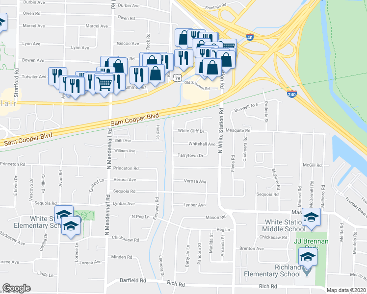 map of restaurants, bars, coffee shops, grocery stores, and more near 5096 Tarrytown Drive in Memphis