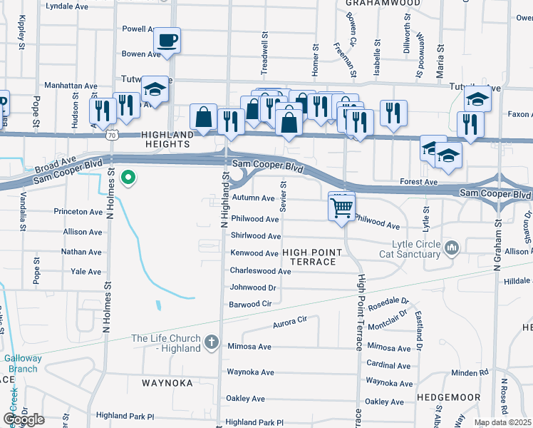 map of restaurants, bars, coffee shops, grocery stores, and more near 3593 Philwood Avenue in Memphis