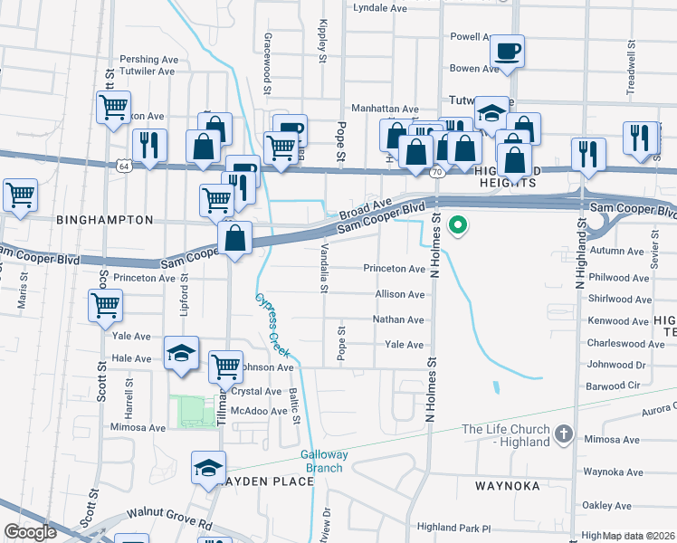 map of restaurants, bars, coffee shops, grocery stores, and more near 3136 Allison Avenue in Memphis