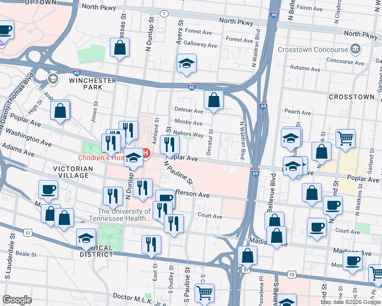 map of restaurants, bars, coffee shops, grocery stores, and more near in Memphis