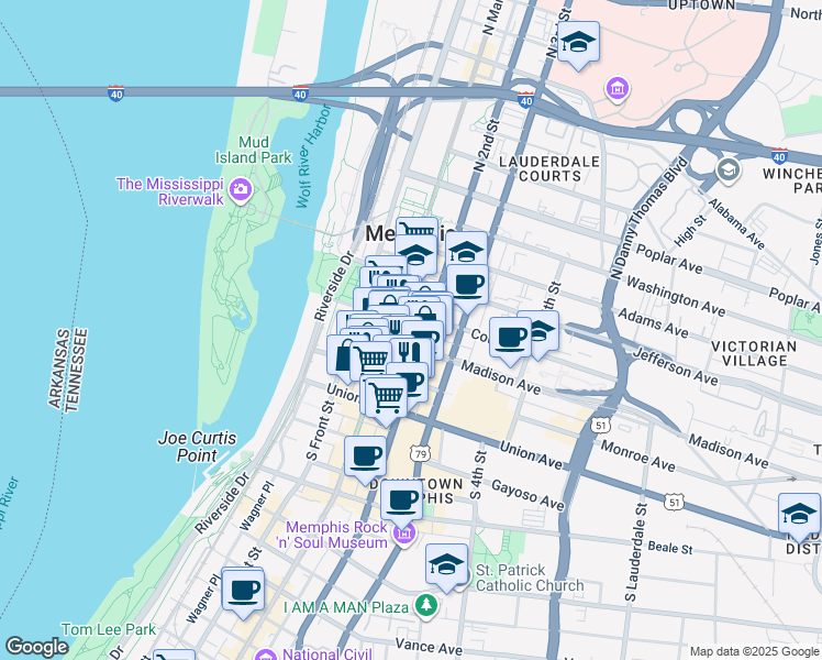 map of restaurants, bars, coffee shops, grocery stores, and more near 83 Madison Avenue in Memphis