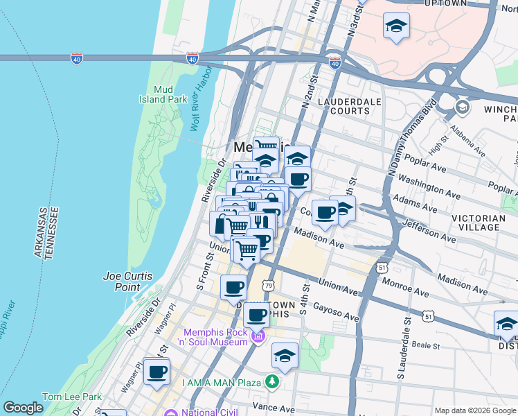 map of restaurants, bars, coffee shops, grocery stores, and more near 83 Madison Avenue in Memphis