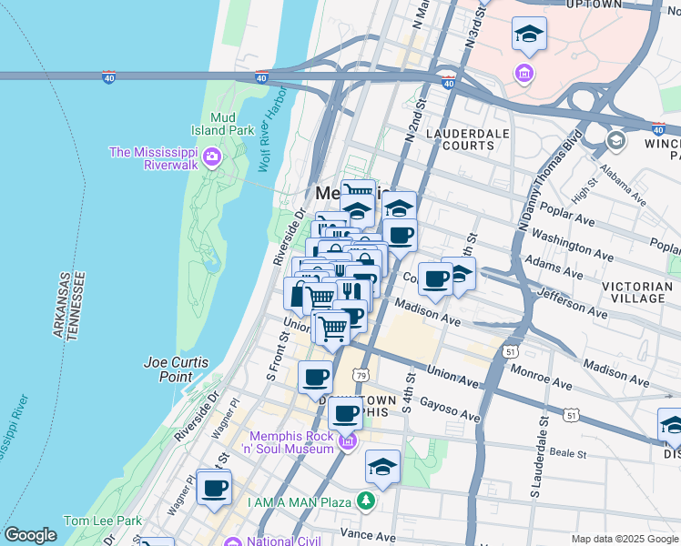 map of restaurants, bars, coffee shops, grocery stores, and more near 83 Madison Avenue in Memphis