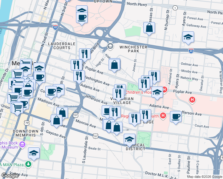 map of restaurants, bars, coffee shops, grocery stores, and more near 616 Adams Avenue in Memphis