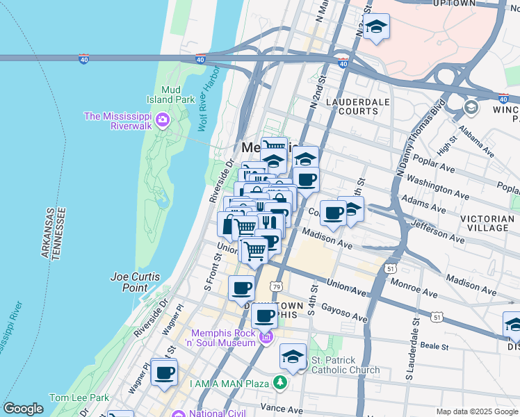 map of restaurants, bars, coffee shops, grocery stores, and more near 10 North Main Street in Memphis