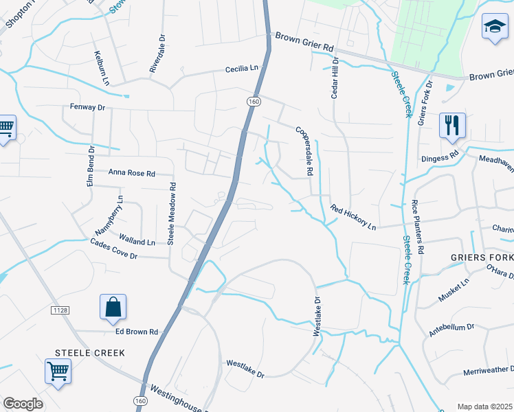 map of restaurants, bars, coffee shops, grocery stores, and more near 10717 Steele Creek Road in Charlotte
