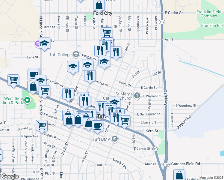 map of restaurants, bars, coffee shops, grocery stores, and more near 714 4th Street in Taft