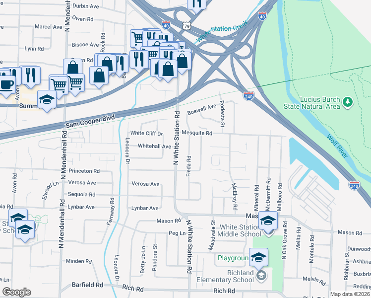 map of restaurants, bars, coffee shops, grocery stores, and more near 505 Fleda Road in Memphis