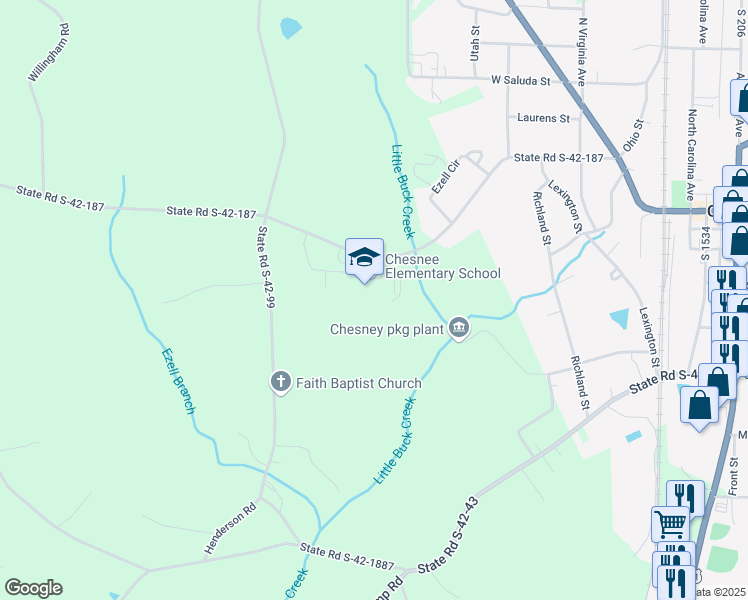 map of restaurants, bars, coffee shops, grocery stores, and more near 985 Fairfield Road in Chesnee