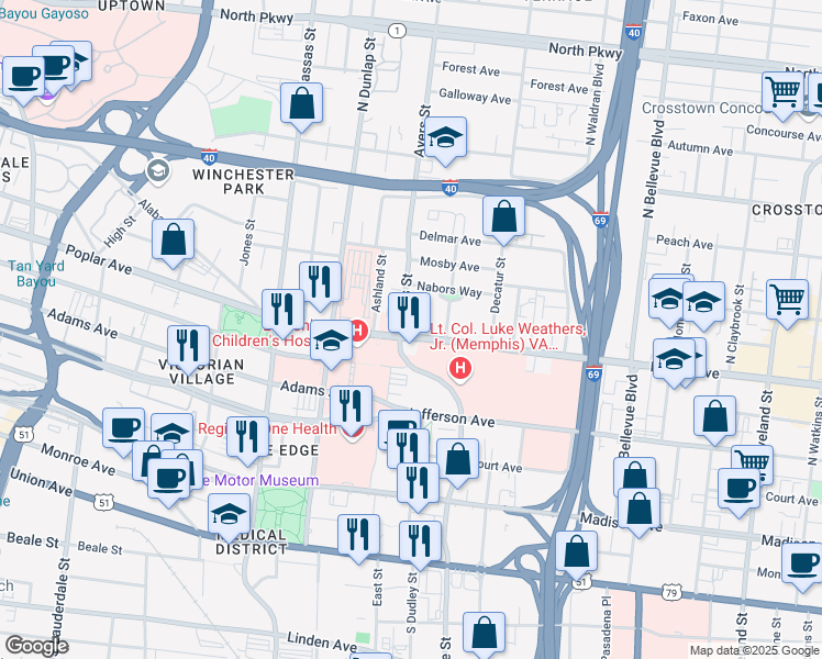 map of restaurants, bars, coffee shops, grocery stores, and more near 918 Poplar Avenue in Memphis