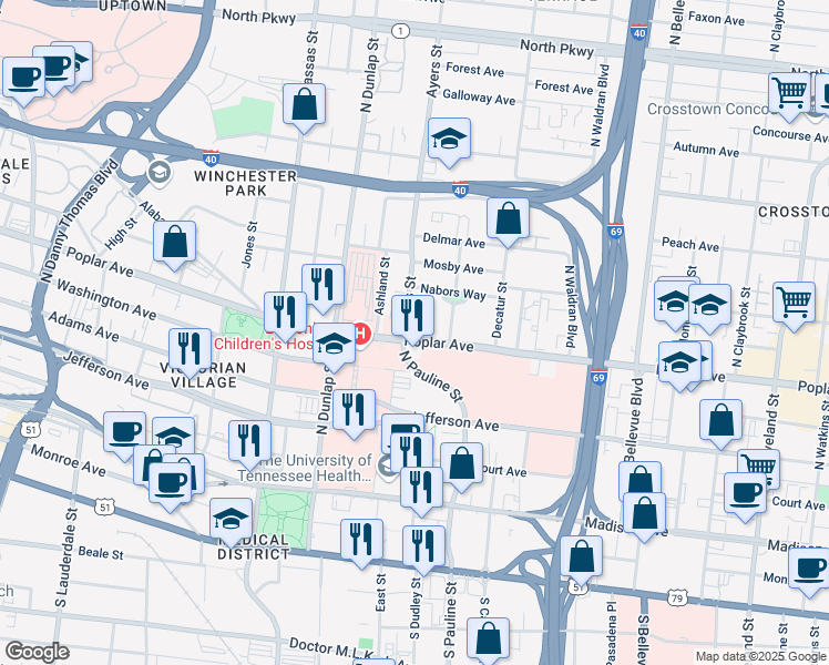 map of restaurants, bars, coffee shops, grocery stores, and more near 918 Poplar Avenue in Memphis
