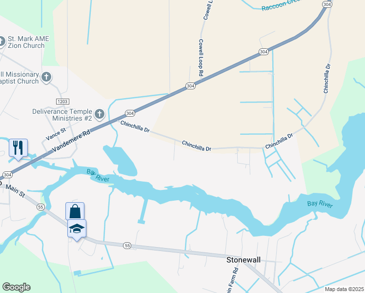 map of restaurants, bars, coffee shops, grocery stores, and more near 206 Chinchilla Drive in Bayboro