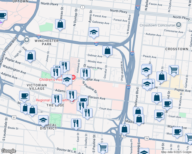 map of restaurants, bars, coffee shops, grocery stores, and more near in Memphis