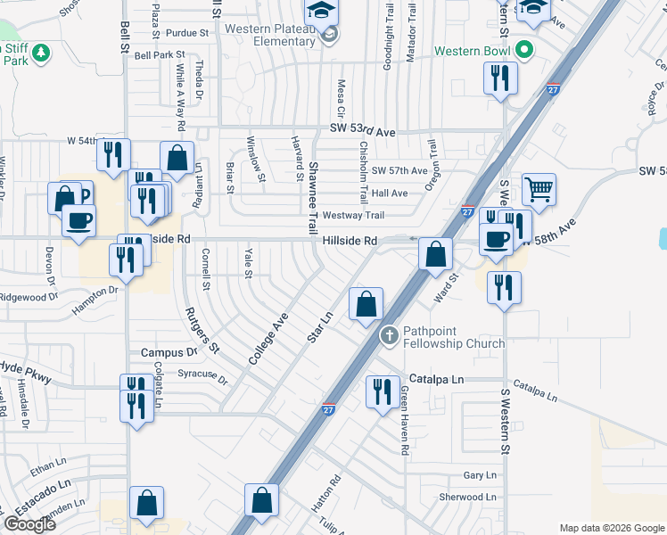 map of restaurants, bars, coffee shops, grocery stores, and more near 6104 Shawnee Trail in Amarillo