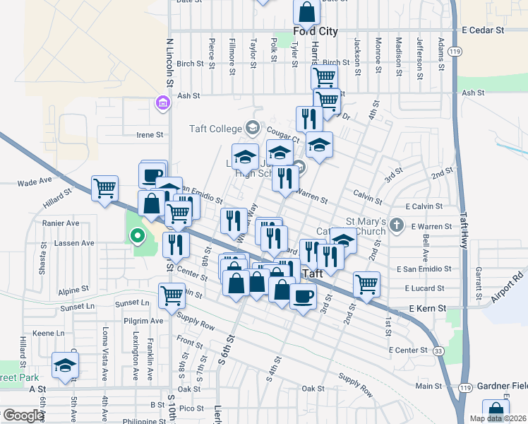map of restaurants, bars, coffee shops, grocery stores, and more near 625 San Emidio Street in Taft