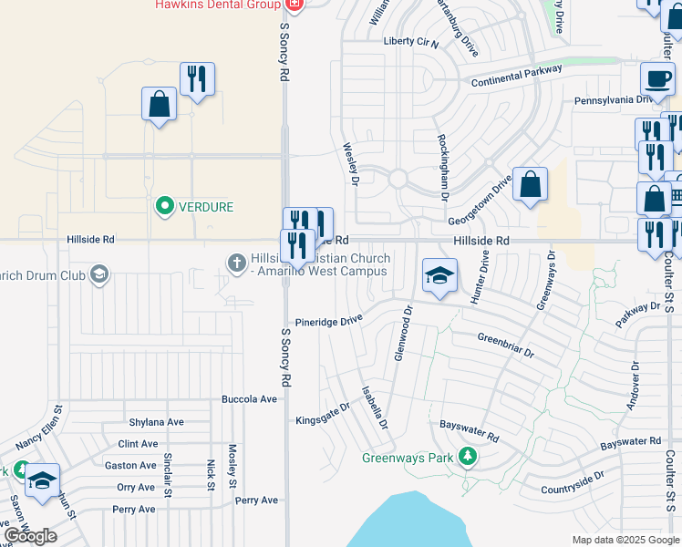 map of restaurants, bars, coffee shops, grocery stores, and more near 6104 Landon Drive in Amarillo