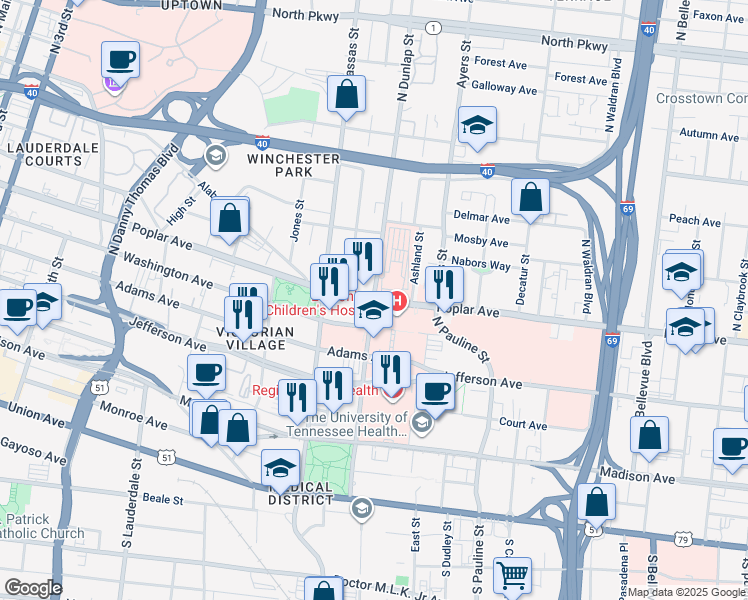 map of restaurants, bars, coffee shops, grocery stores, and more near Poplar Ave & N Dunlap St in Memphis