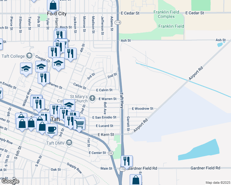 map of restaurants, bars, coffee shops, grocery stores, and more near 214 East Warren Street in Taft