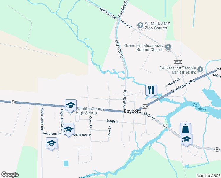 map of restaurants, bars, coffee shops, grocery stores, and more near 309 Dees Avenue in Bayboro