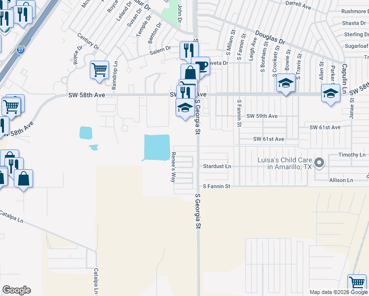 map of restaurants, bars, coffee shops, grocery stores, and more near 2813 Steve's Way in Amarillo