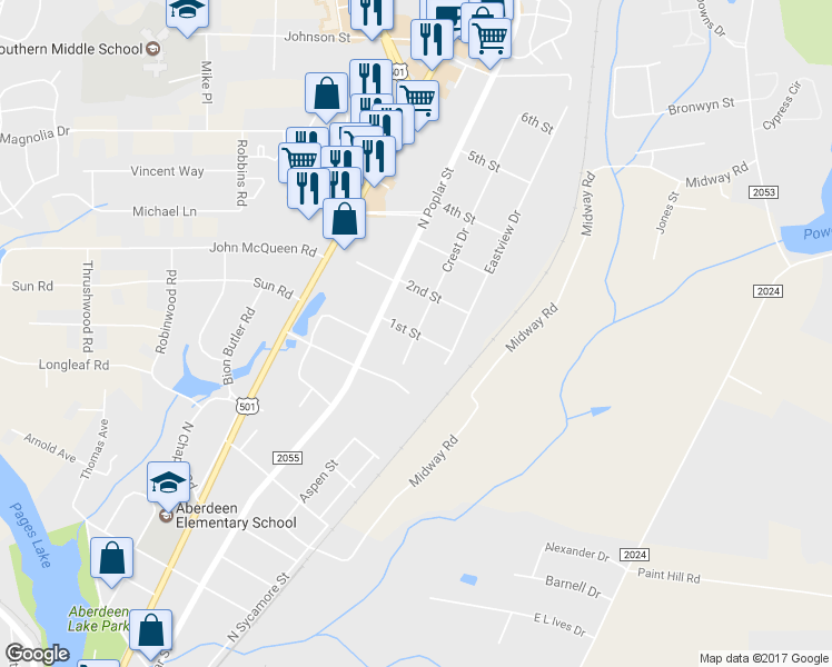 map of restaurants, bars, coffee shops, grocery stores, and more near 1st Street in Aberdeen
