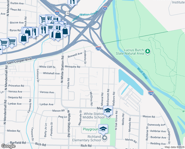 map of restaurants, bars, coffee shops, grocery stores, and more near 510 McElroy Road in Memphis